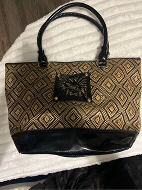 Anne Klein Black Patent Faux Leather & Woven Tote Bag Large Shoulder Purse